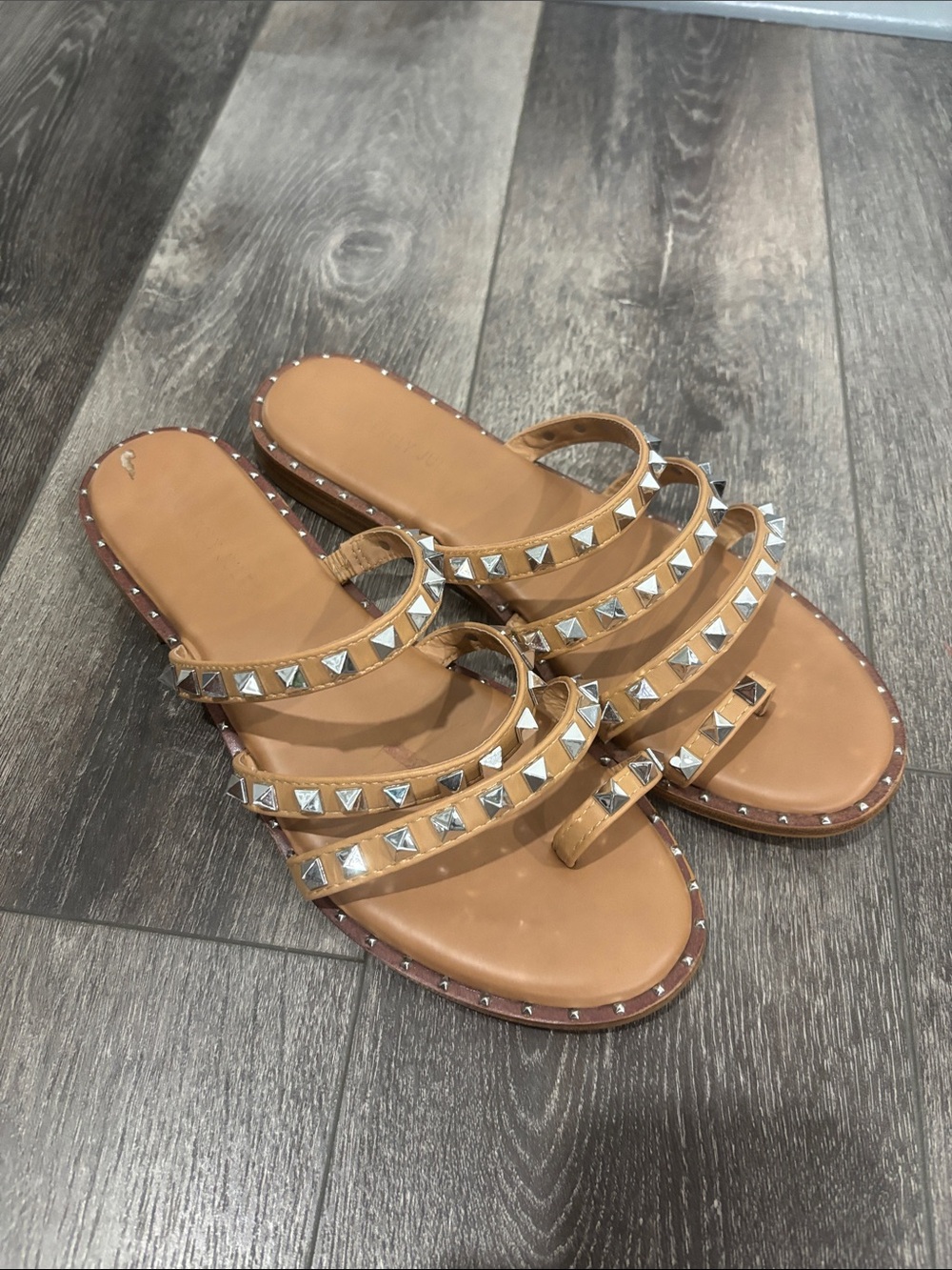 Stud-Embellished Tan Leather Slide Sandals - Women's